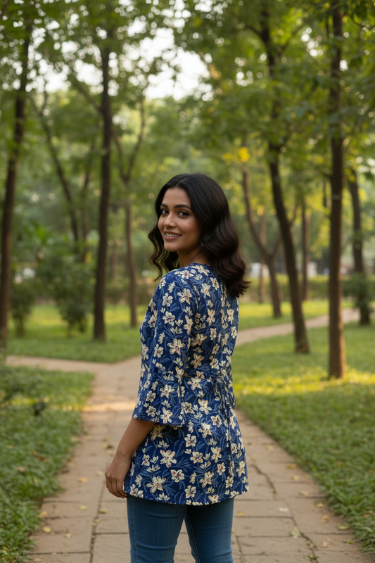 Dark Blue Lace-Up Back Cotton Kurti