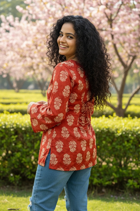 Red Bell Sleeve Corset Back Kurti