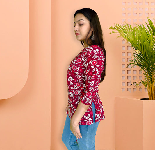 Maroon Bloom Handblock Cotton Kurta - The Sutra Space