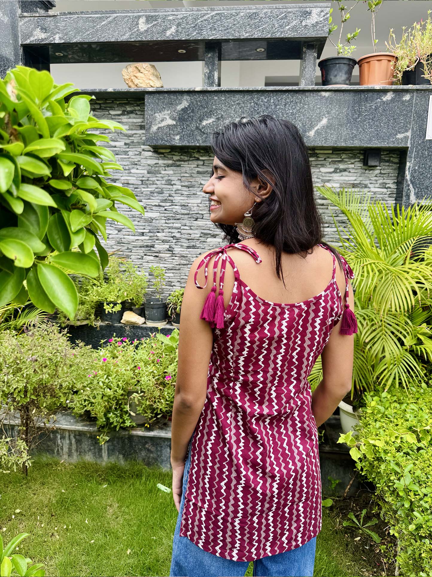 Cotton Wine Noodle Strap Sleeveless Top with Tassel & Side Slit - The Sutra Space