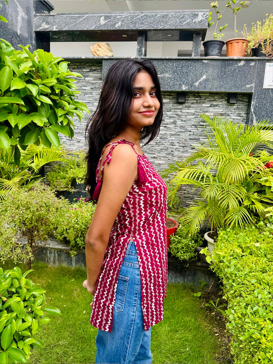 Cotton Wine Noodle Strap Sleeveless Top with Tassel & Side Slit - The Sutra Space