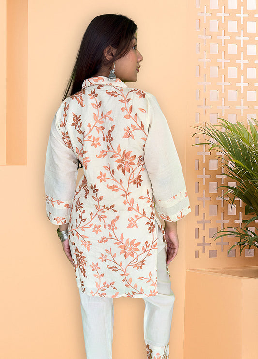 Elegant Off-White & Copper Floral Embroidered Co-ord Set - The Sutra Space
