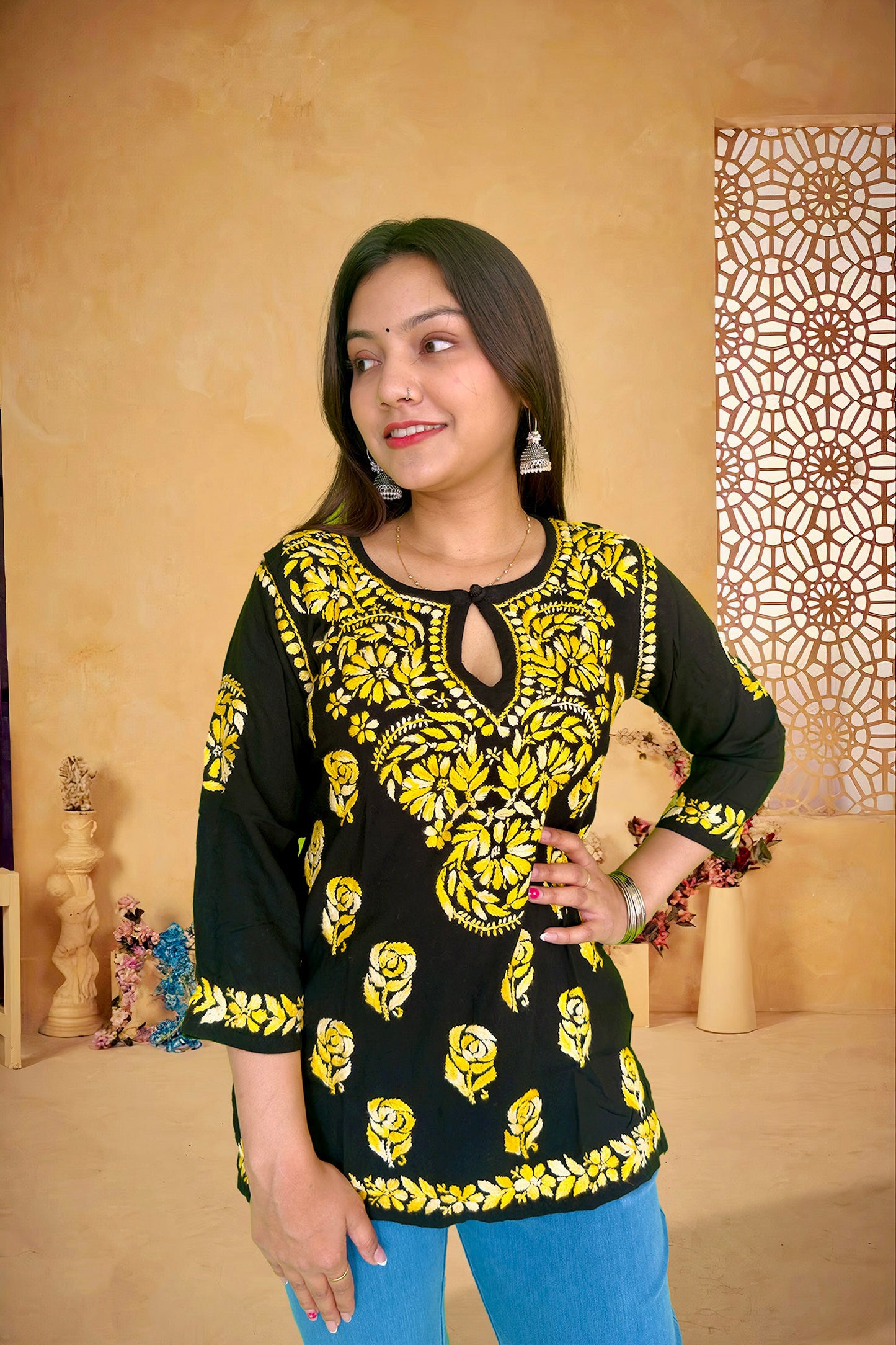 Black Cotton Chikankari Kurta with Yellow Embroidery - The Sutra Space