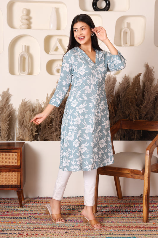 Powder Blue Floral Print Cotton Long Kurti for Women
