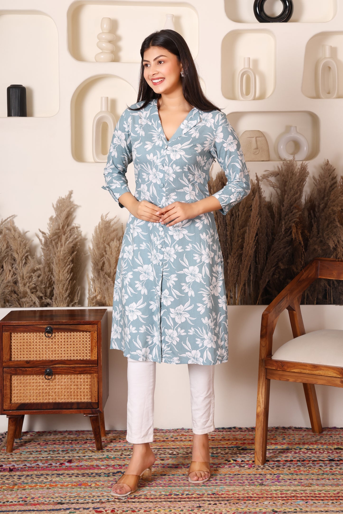 Powder Blue Floral Print Cotton Long Kurti for Women