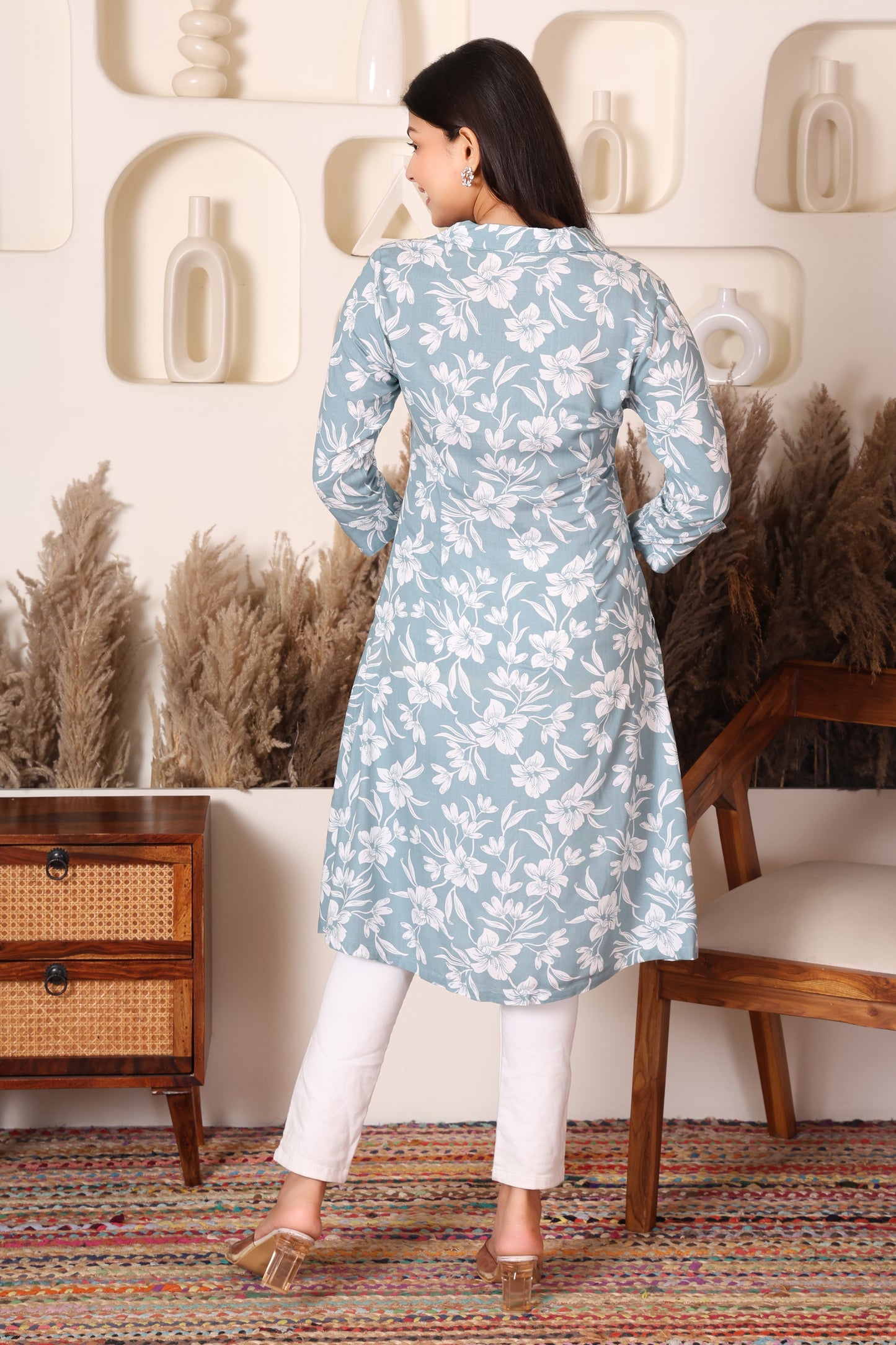 Powder Blue Floral Print Cotton Long Kurti for Women