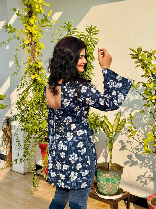 Indigo Bloom Corset-Back Kurti