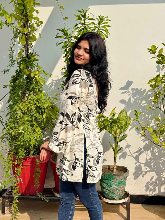 Ivory & Black Leaf Print Corset Kurti