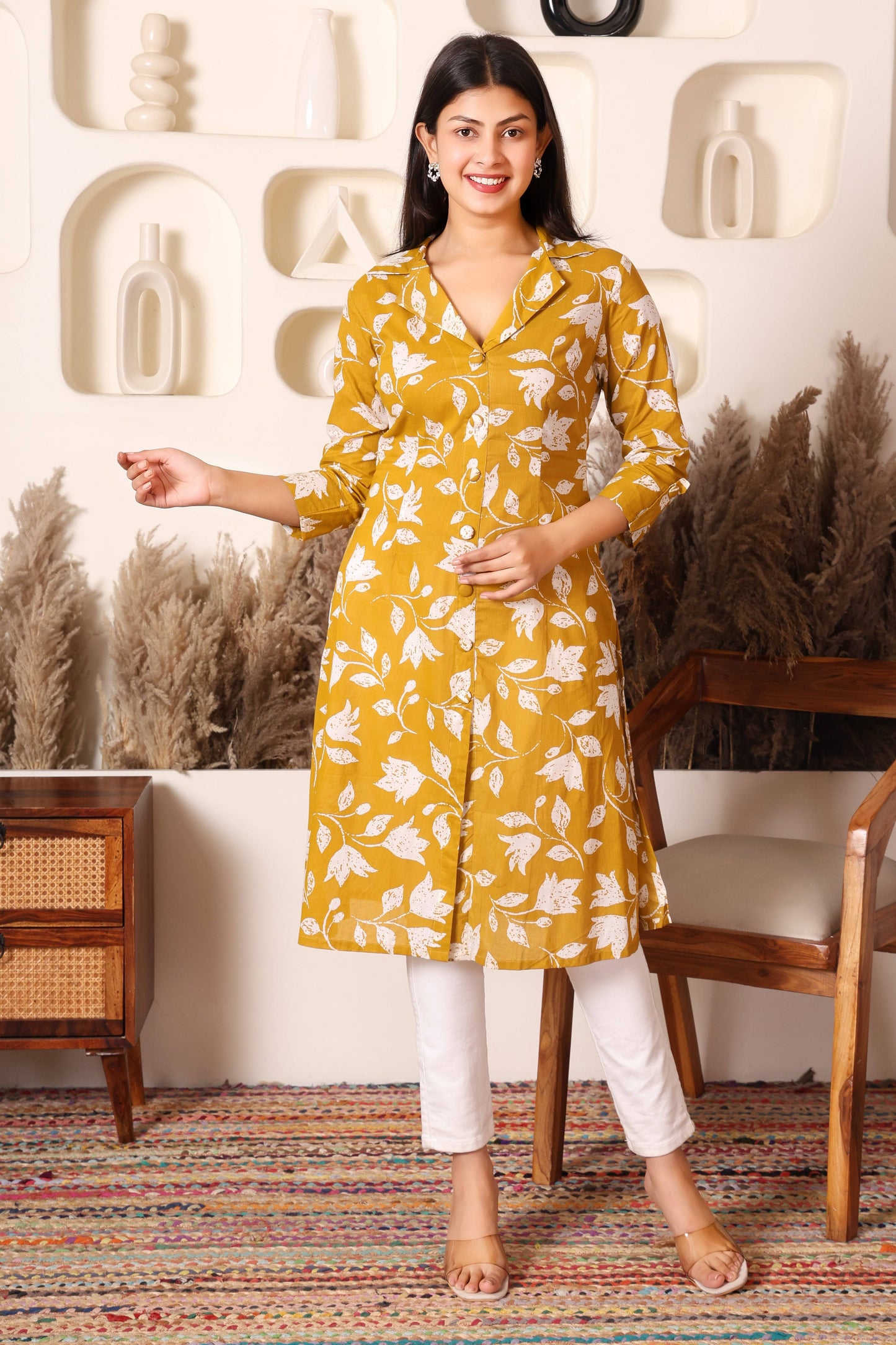 Mustard Floral Cotton Long Kurta with Side & Front Slit