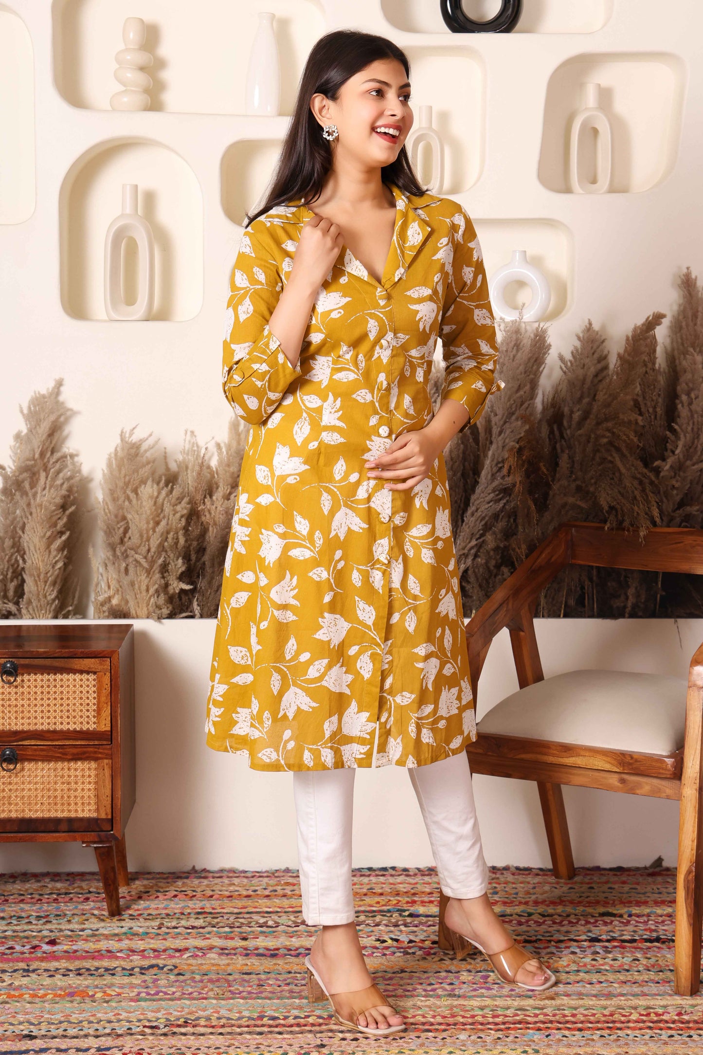 Mustard Floral Cotton Long Kurta with Side & Front Slit