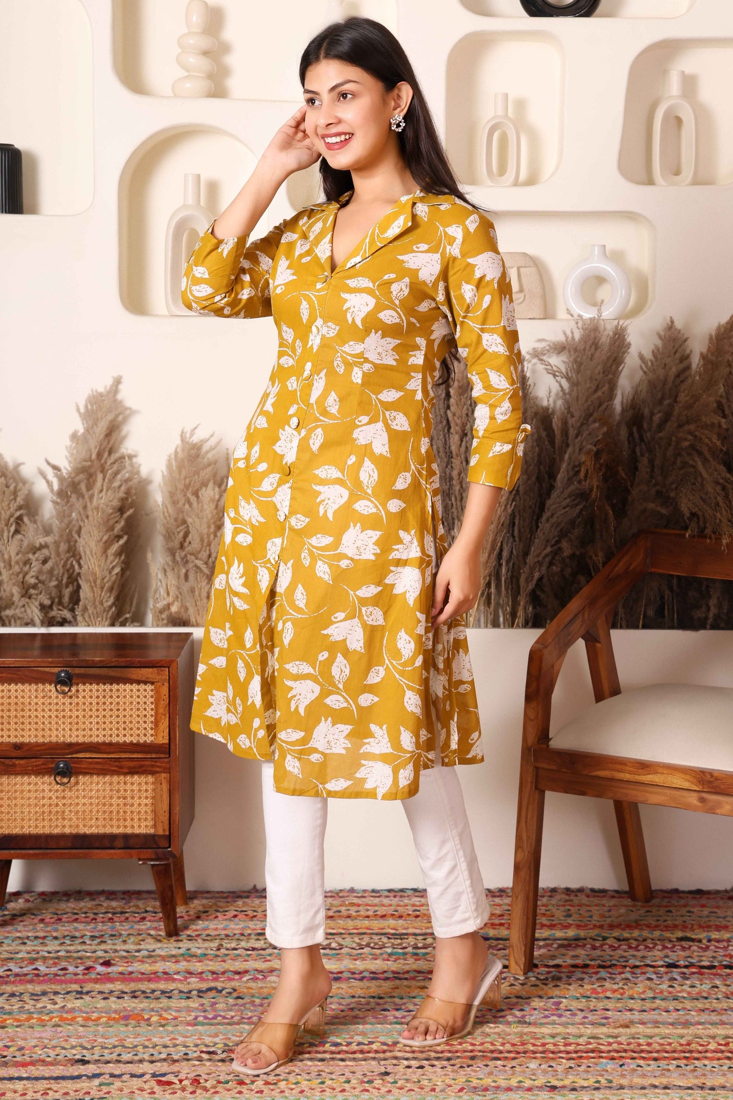 Mustard Floral Cotton Long Kurta with Side & Front Slit