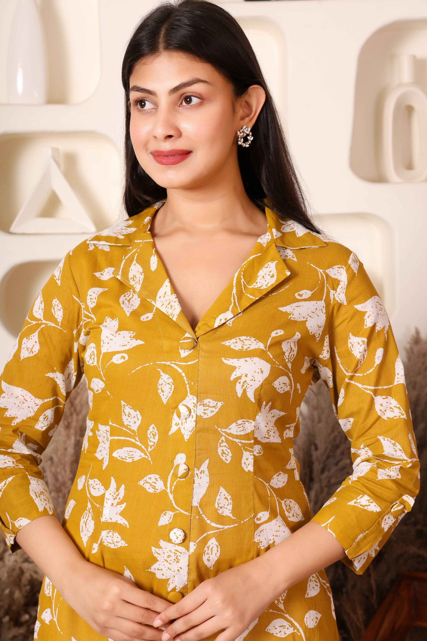Mustard Floral Cotton Long Kurta with Side & Front Slit
