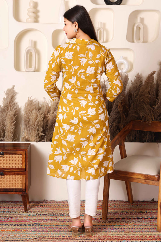 Mustard Floral Cotton Long Kurta with Side & Front Slit