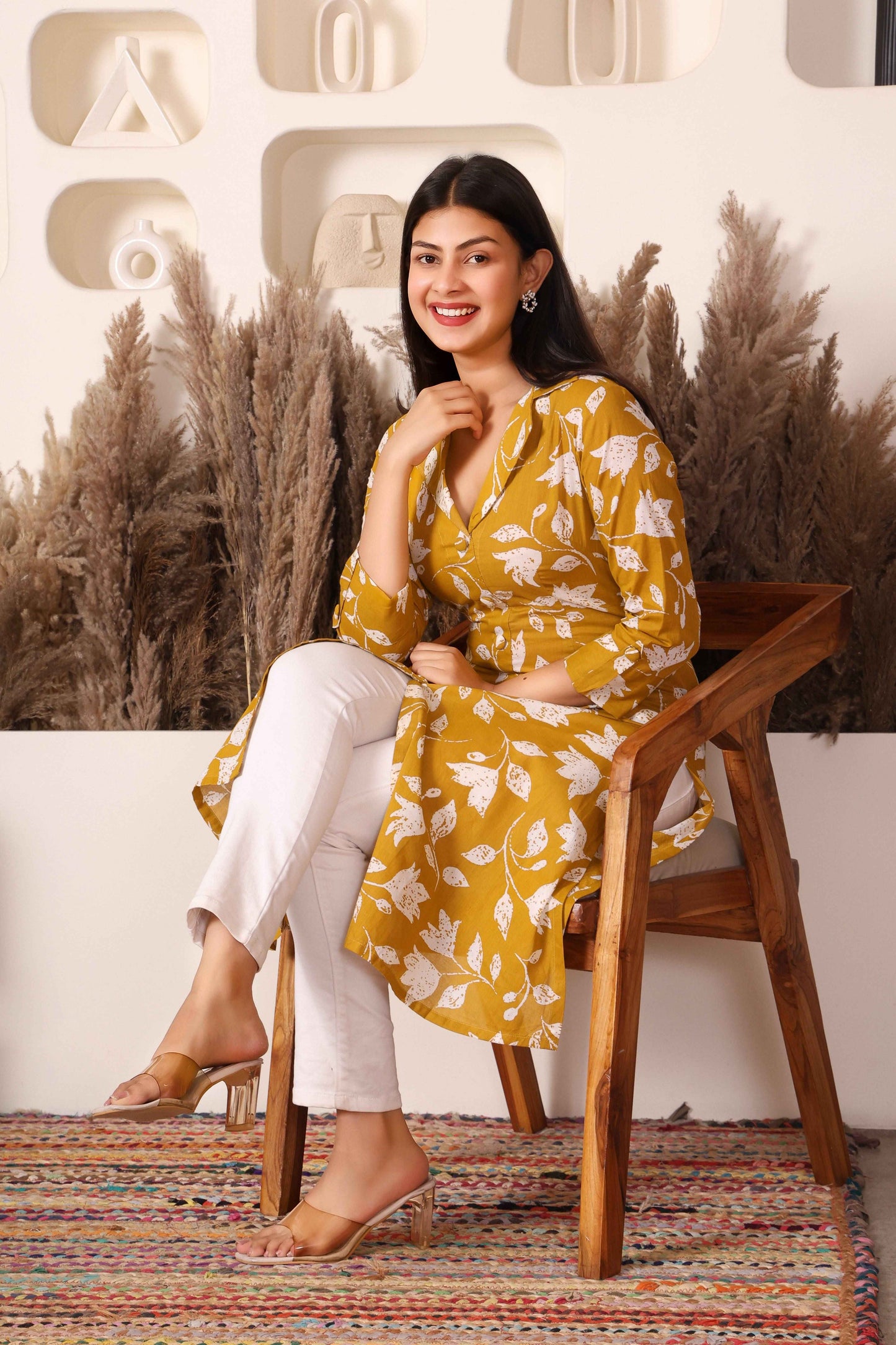 Mustard Floral Cotton Long Kurta with Side & Front Slit