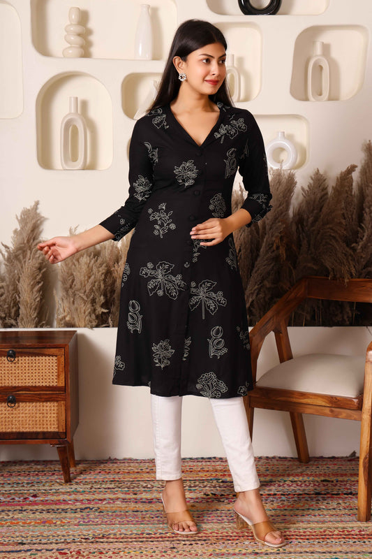Black Printed Cotton Kurta with Side & Front Slit