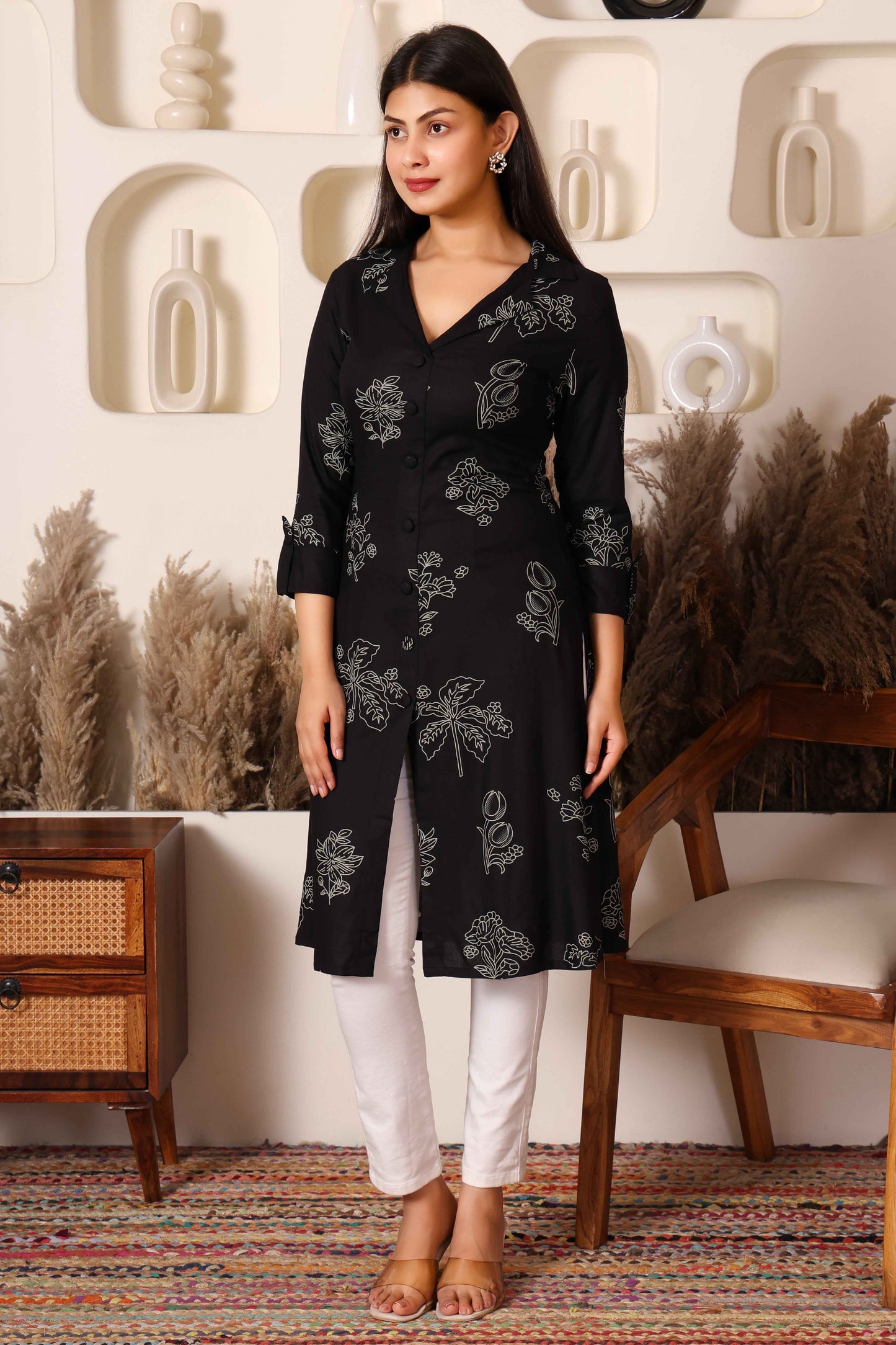Black Printed Cotton Kurta with Side & Front Slit