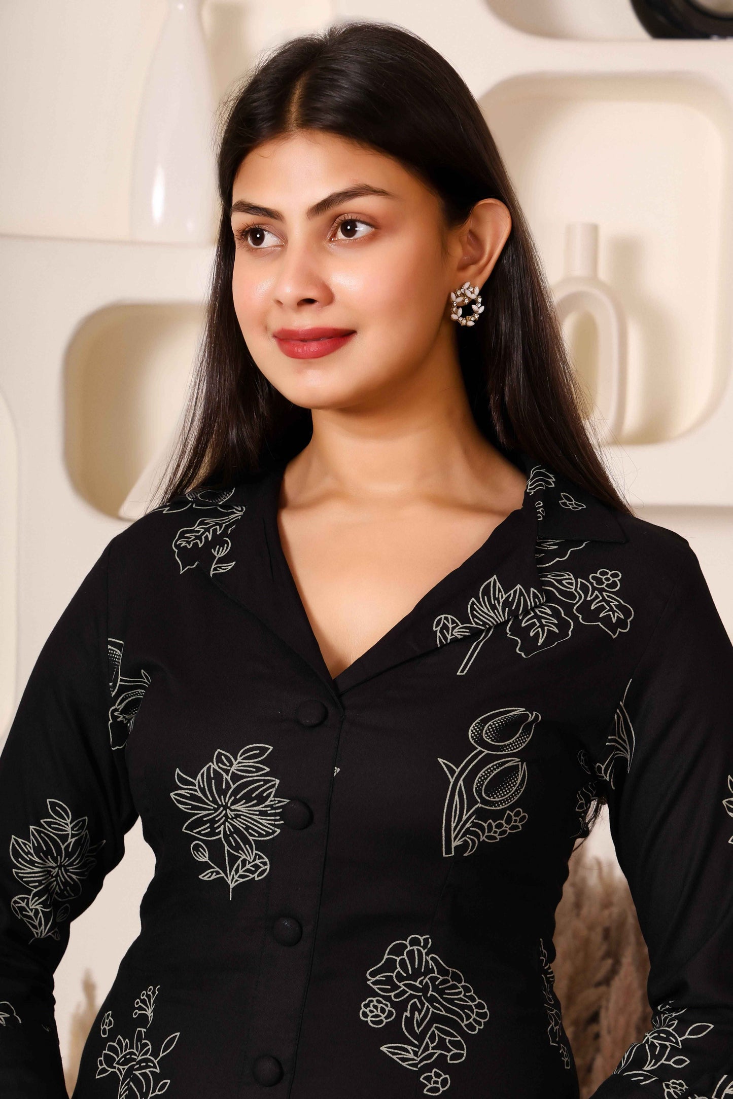 Black Printed Cotton Kurta with Side & Front Slit