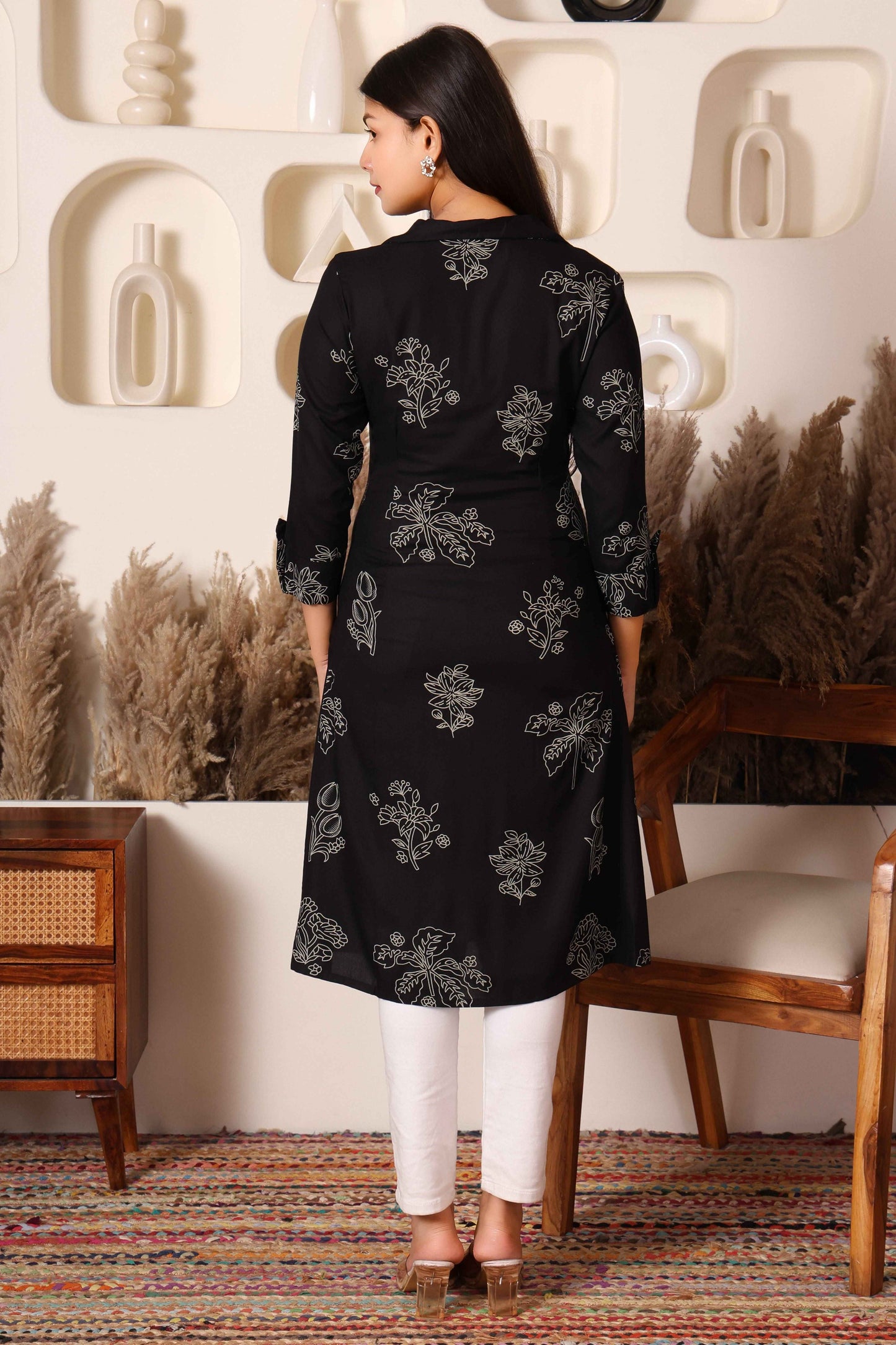 Black Printed Cotton Kurta with Side & Front Slit
