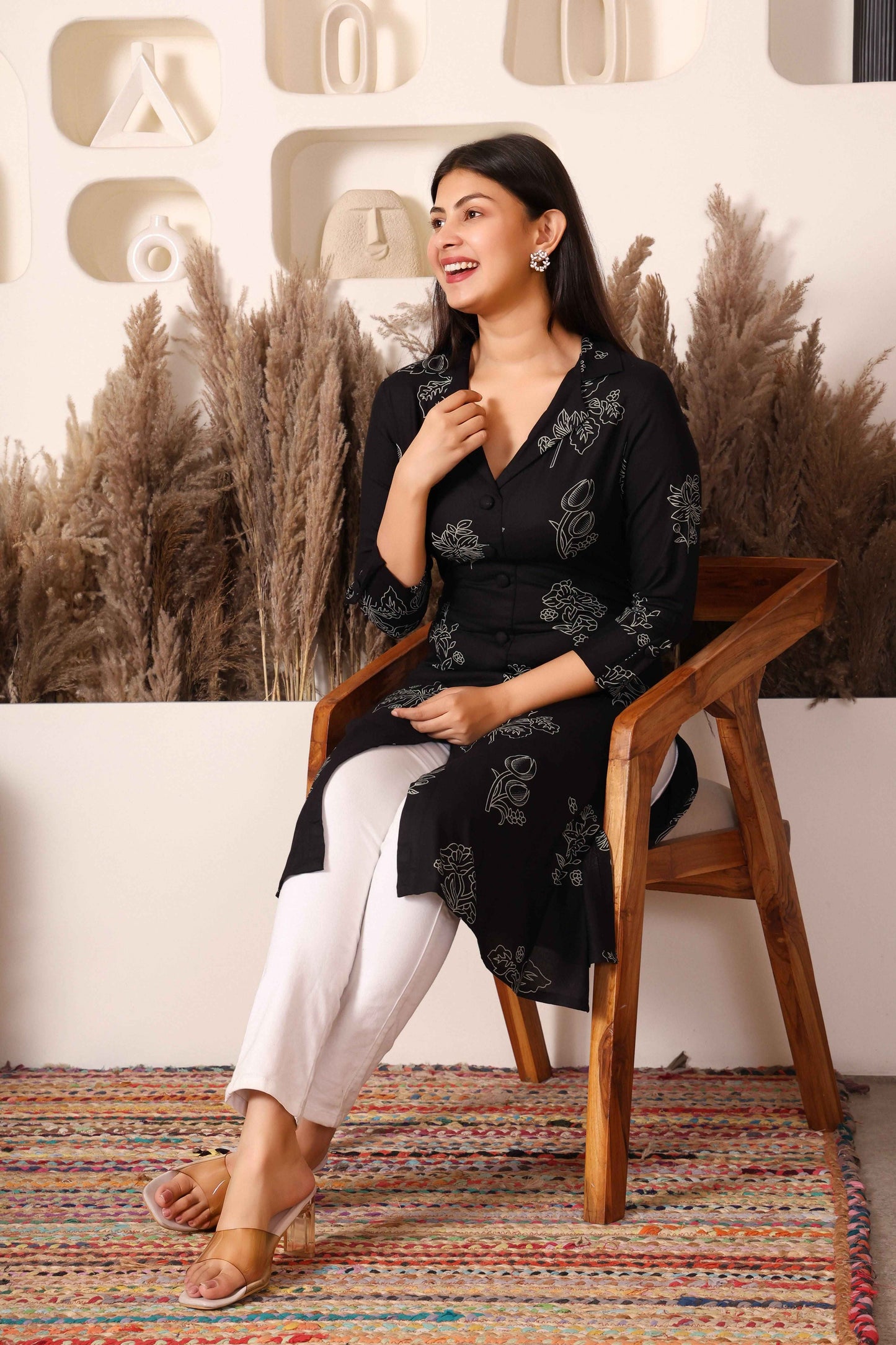 Black Printed Cotton Kurta with Side & Front Slit