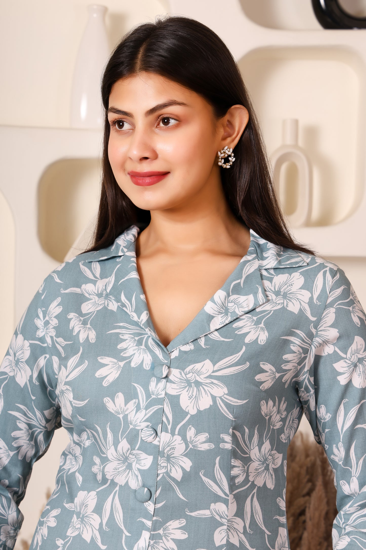 Powder Blue Floral Print Cotton Long Kurti for Women