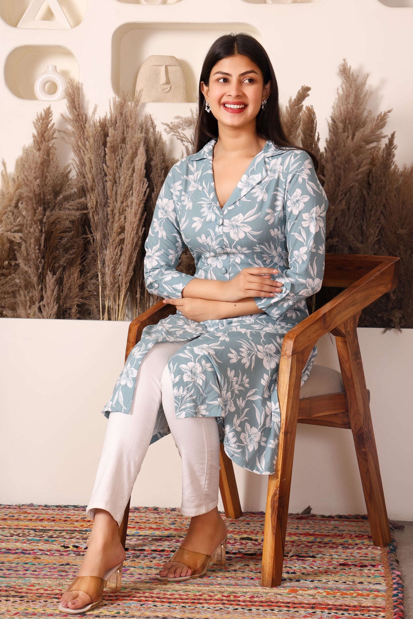 Powder Blue Floral Print Cotton Long Kurti for Women