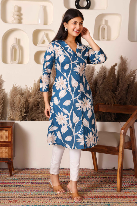 Blue Floral Print Long Kurti for Women