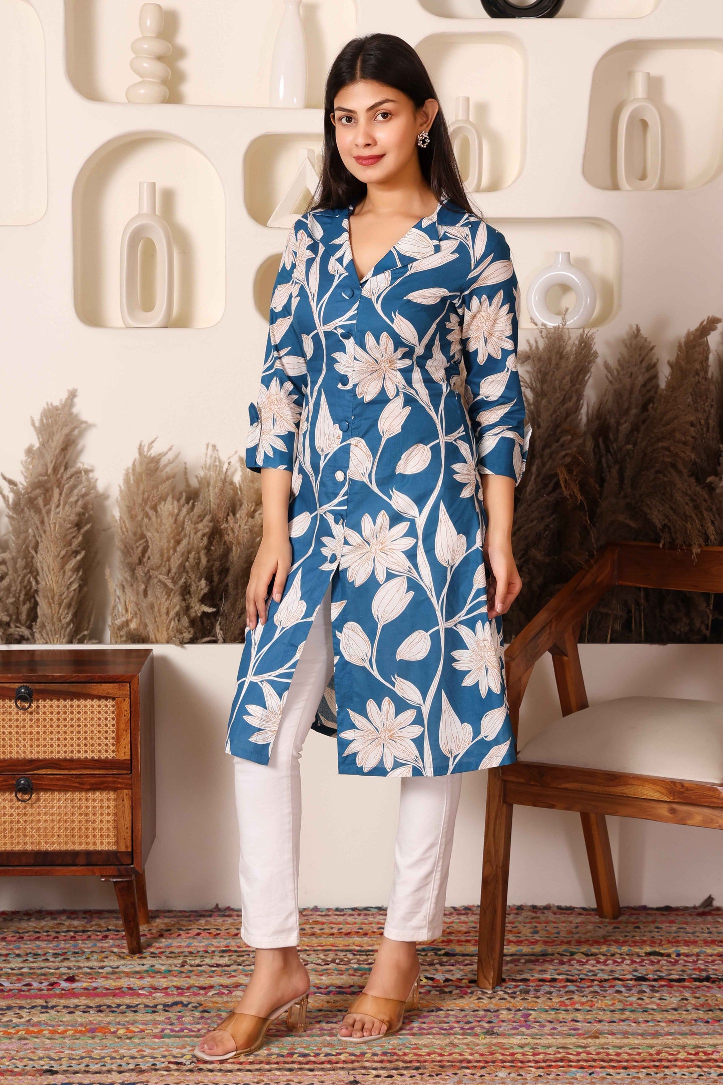 Blue Floral Print Long Kurti for Women