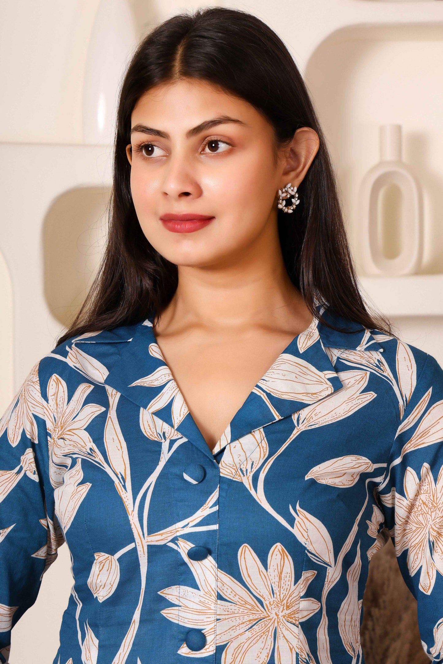 Blue Floral Print Long Kurti for Women