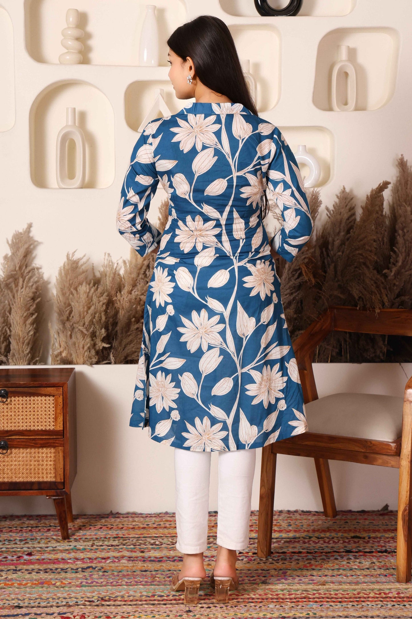 Blue Floral Print Long Kurti for Women