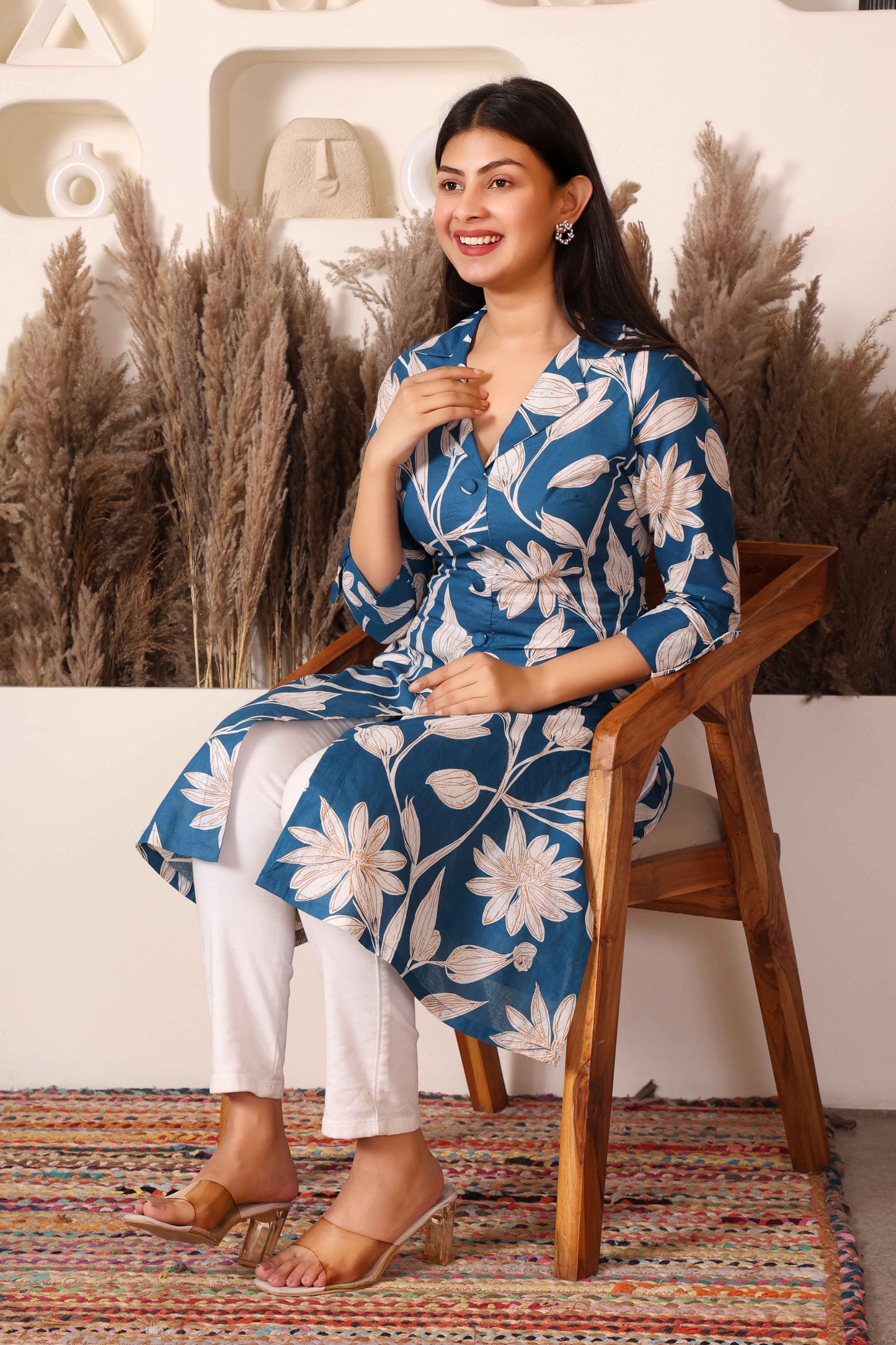 Blue Floral Print Long Kurti for Women