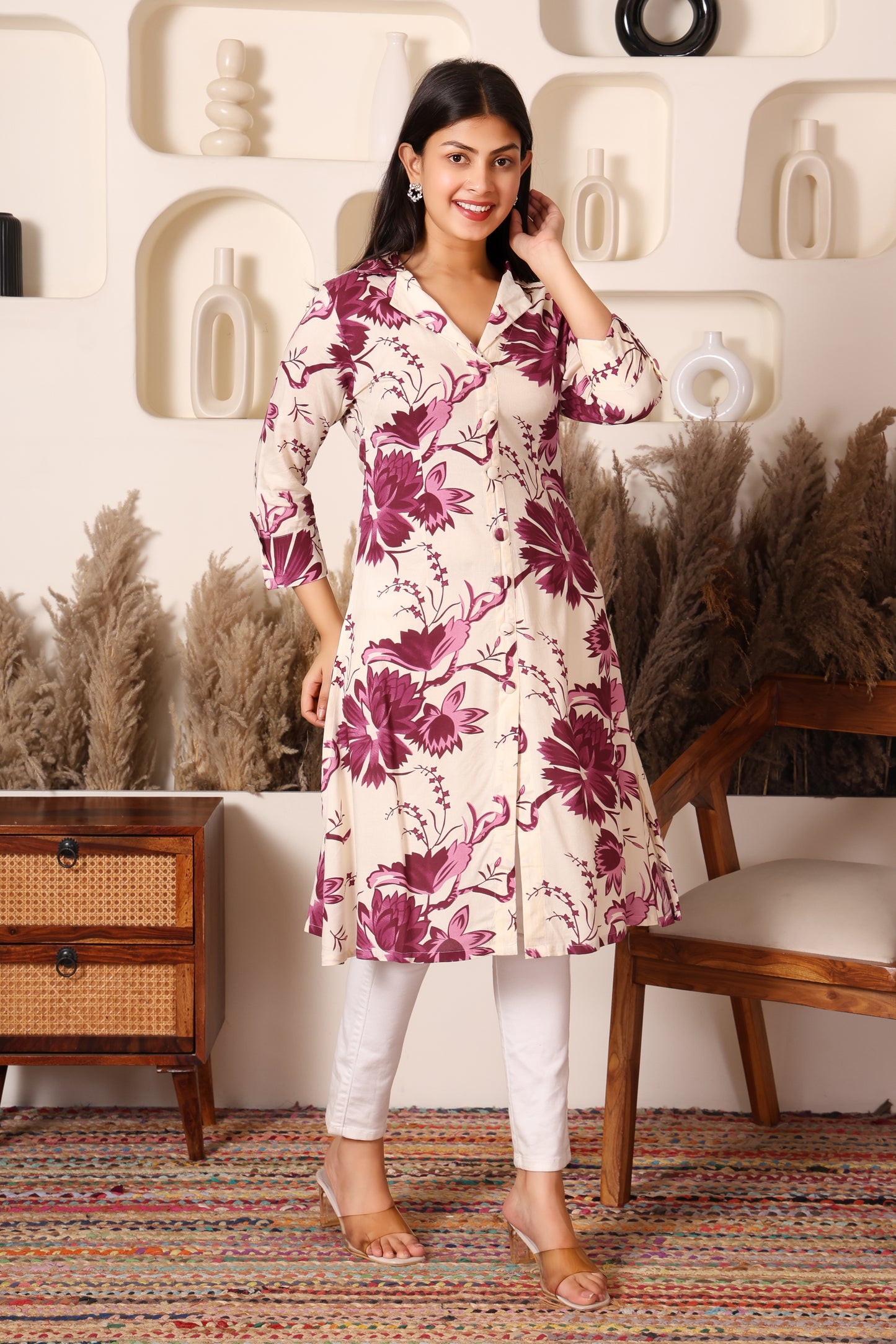 Ivory & Wine Floral Long Rayon Kurti with Side & Front Slit