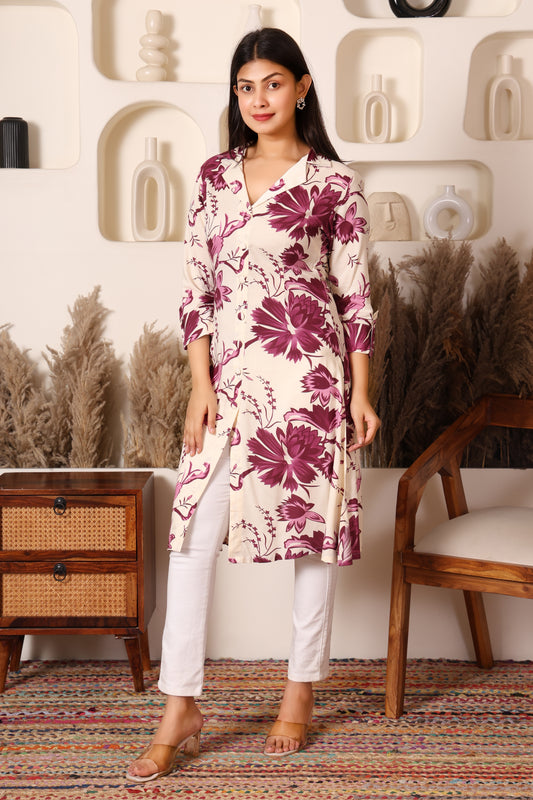 Ivory & Wine Floral Long Rayon Kurti with Side & Front Slit