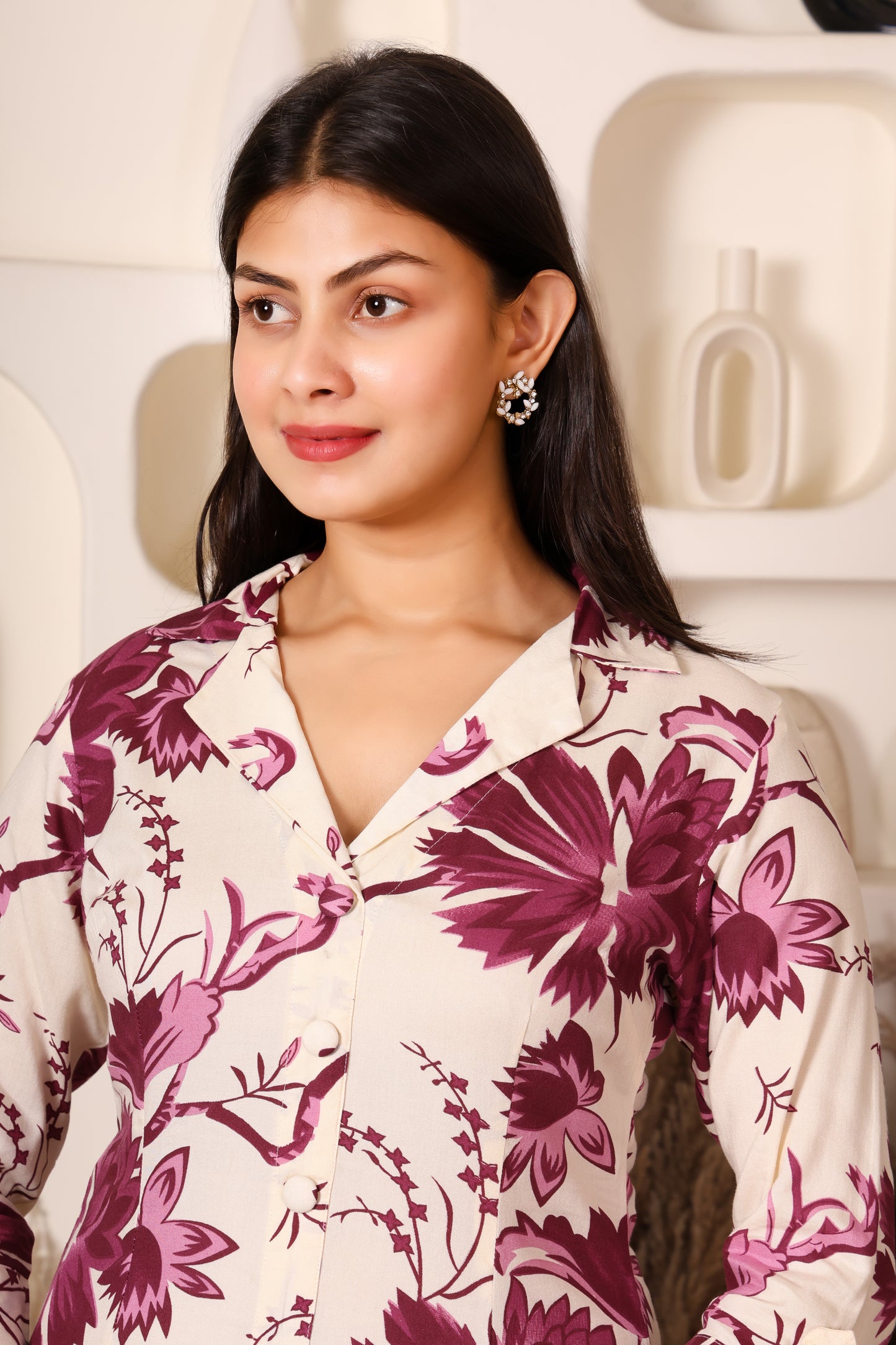 Ivory & Wine Floral Long Rayon Kurti with Side & Front Slit