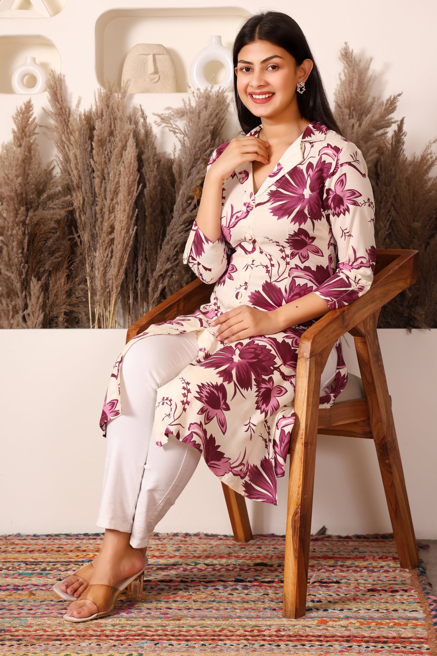 Ivory & Wine Floral Long Rayon Kurti with Side & Front Slit
