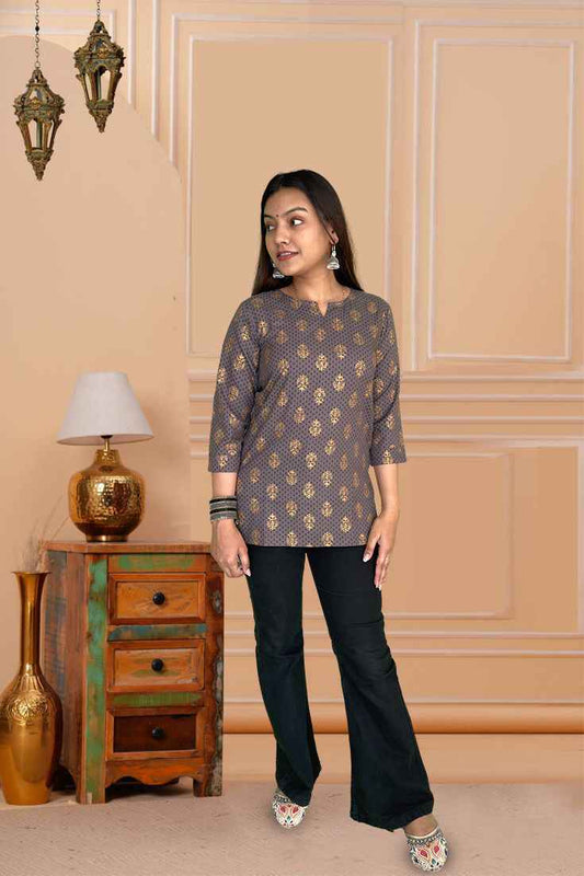 Grey Cotton Kurta with Gold Foil Print - The Sutra Space