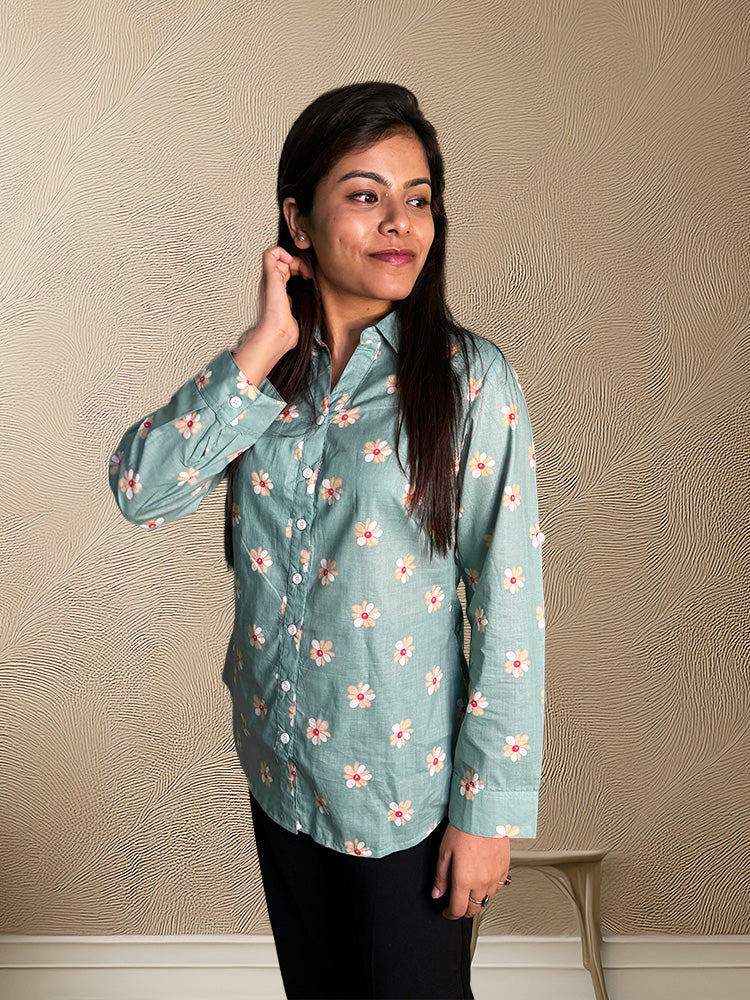 Sage Green Floral Cotton Shirt – Bust Dart & Foldable Sleeves