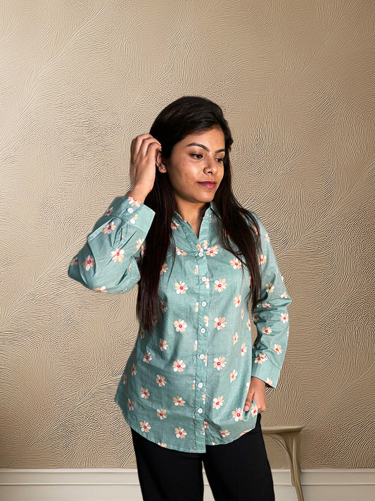 Sage Green Floral Cotton Shirt – Bust Dart & Foldable Sleeves