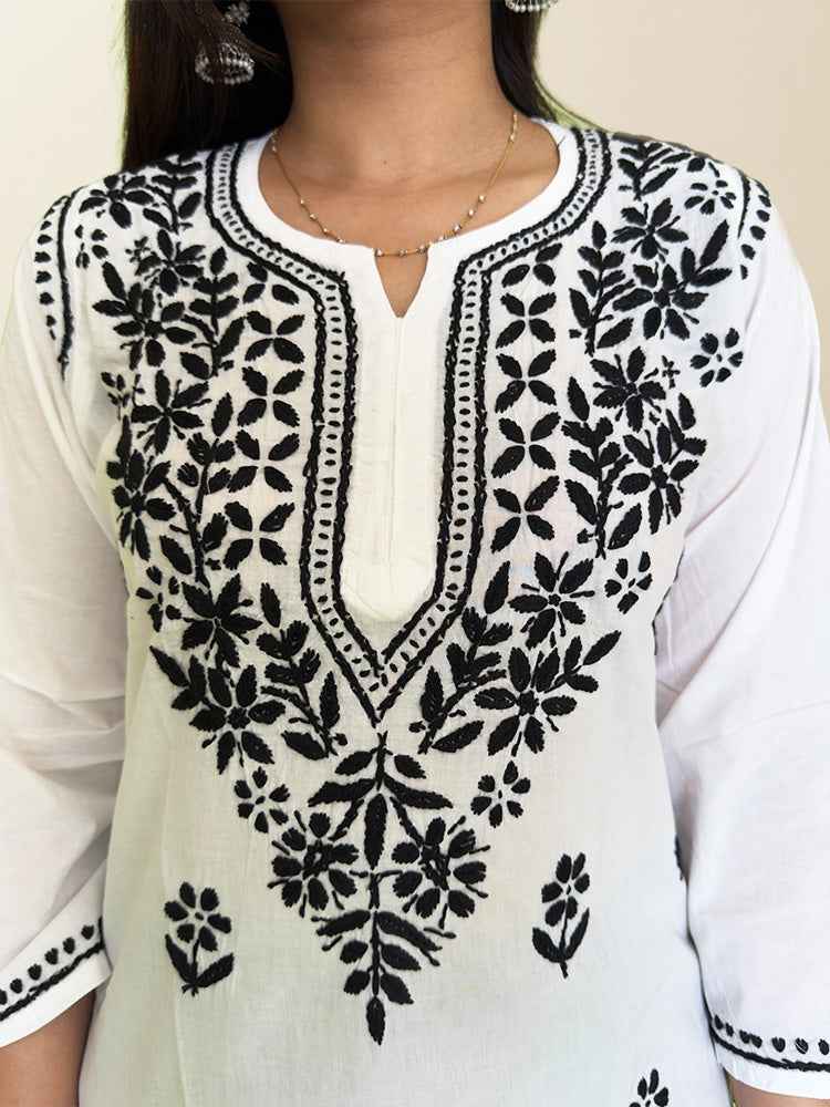 White Cotton Kurta with Black Chikankari Hand Embroidery - The Sutra Space
