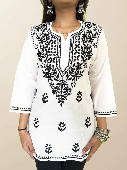 White Cotton Kurta with Black Chikankari Hand Embroidery - The Sutra Space