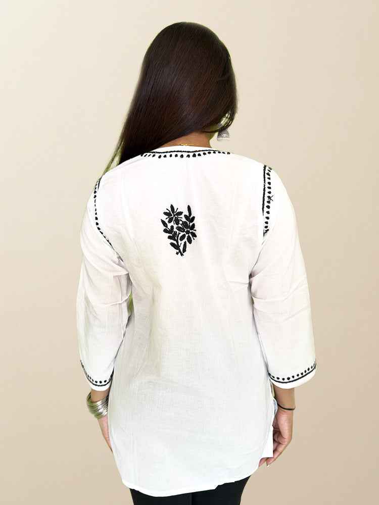 White Cotton Kurta with Black Chikankari Hand Embroidery - The Sutra Space