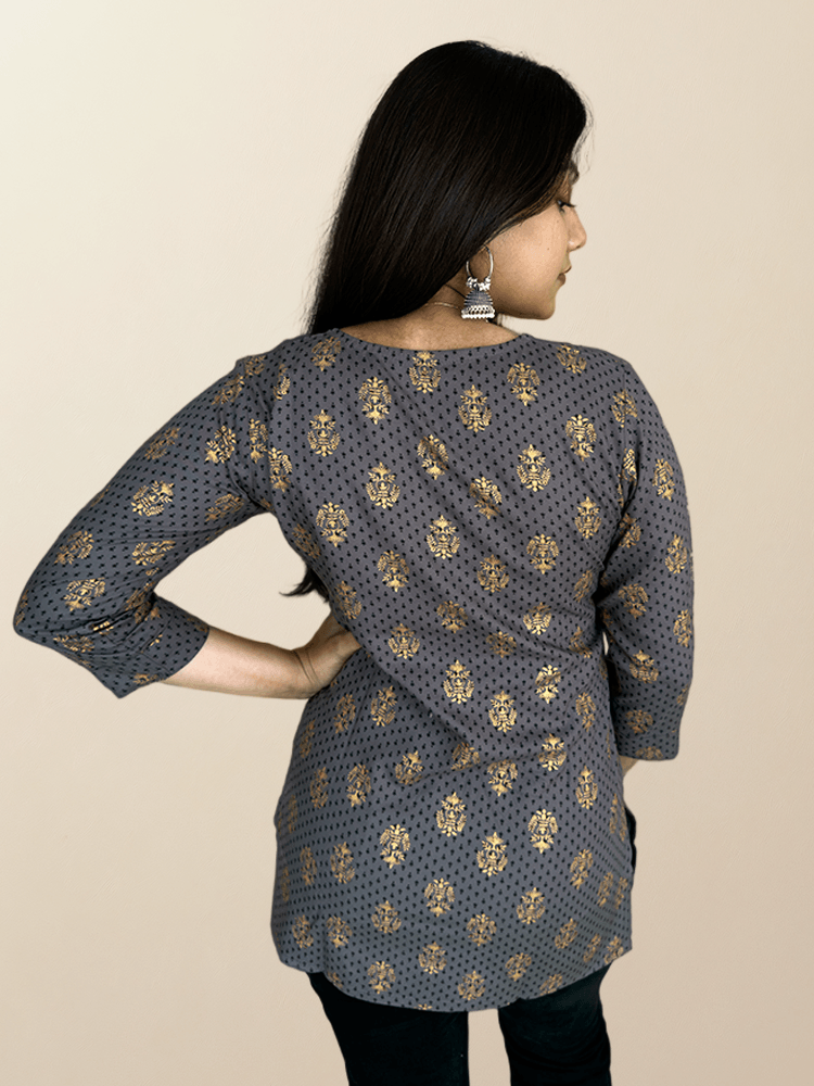 Grey Cotton Kurta with Gold Foil Print - The Sutra Space