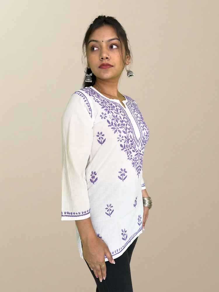 White Cotton Kurta with Lavender Chikankari Embroidery - The Sutra Space