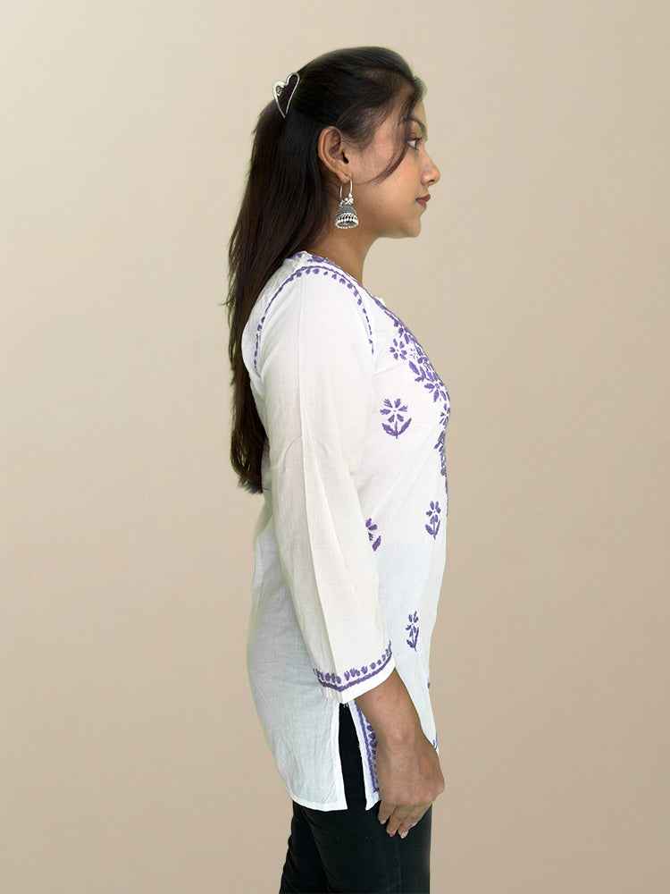 White Cotton Kurta with Lavender Chikankari Embroidery - The Sutra Space