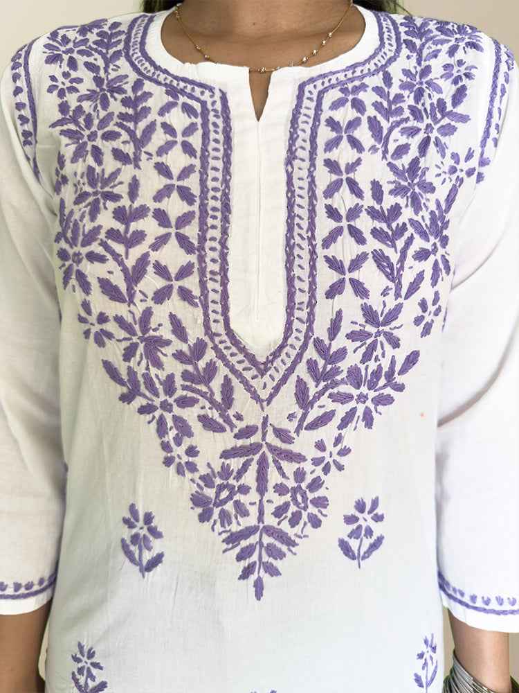 White Cotton Kurta with Lavender Chikankari Embroidery - The Sutra Space