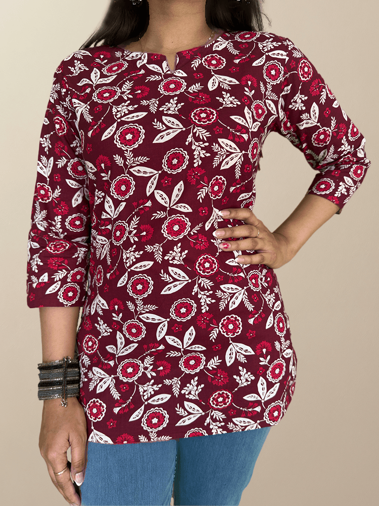 Maroon Bloom Handblock Cotton Kurta - The Sutra Space