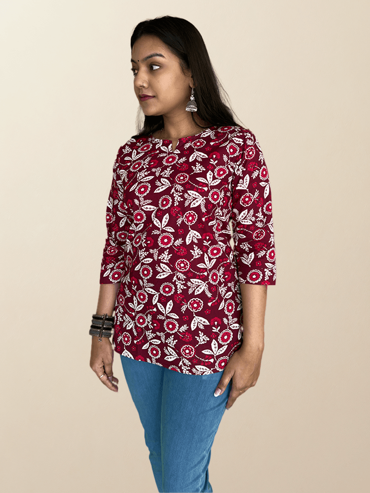 Maroon Bloom Handblock Cotton Kurta - The Sutra Space