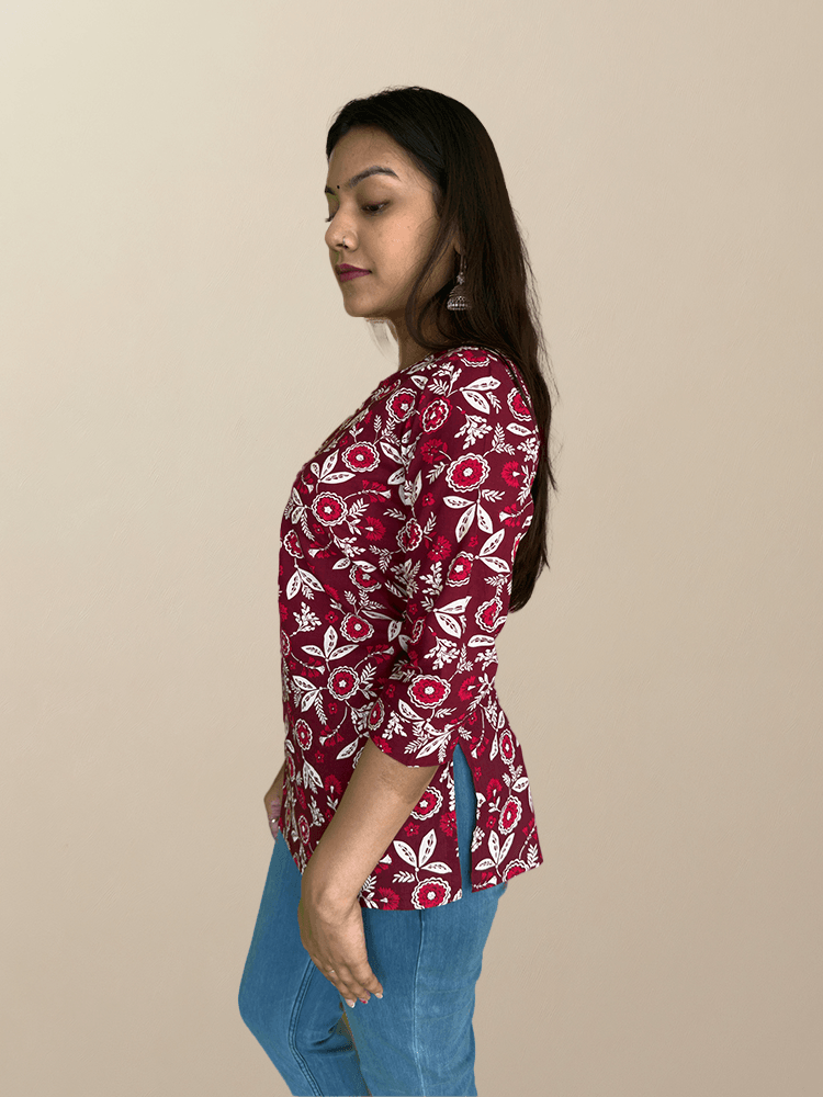 Maroon Bloom Handblock Cotton Kurta - The Sutra Space