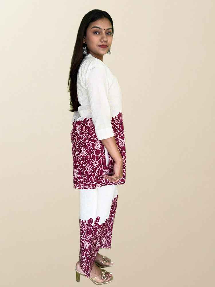 Maroon & Off-White Floral Co-ord Set - The Sutra Space
