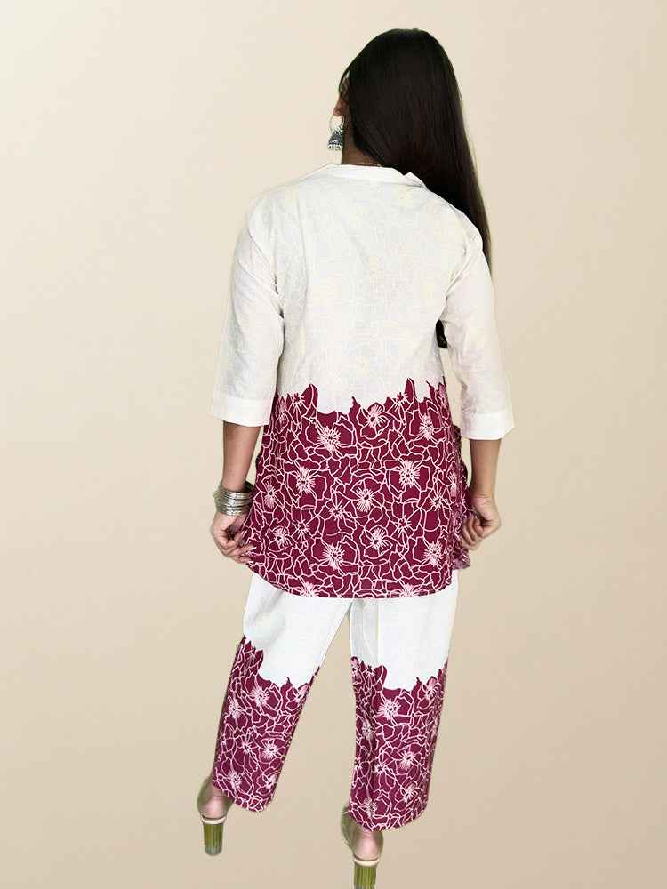 Maroon & Off-White Floral Co-ord Set - The Sutra Space