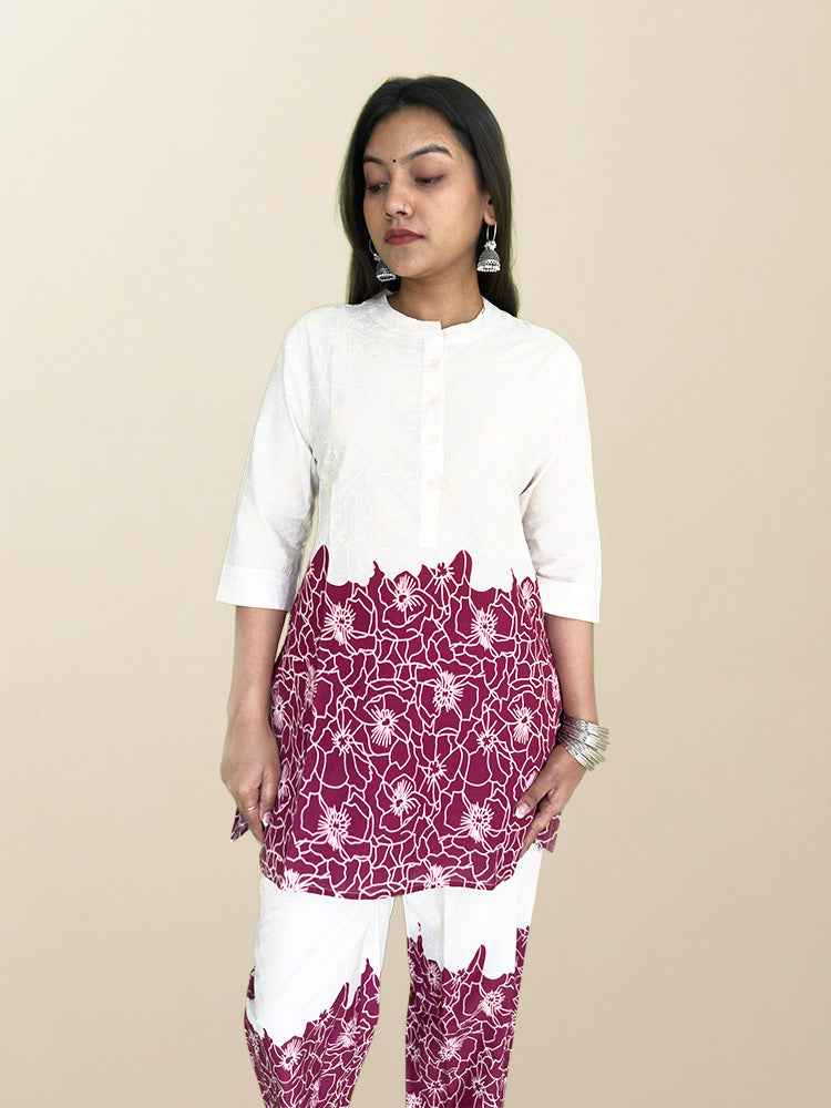 Maroon & Off-White Floral Co-ord Set - The Sutra Space